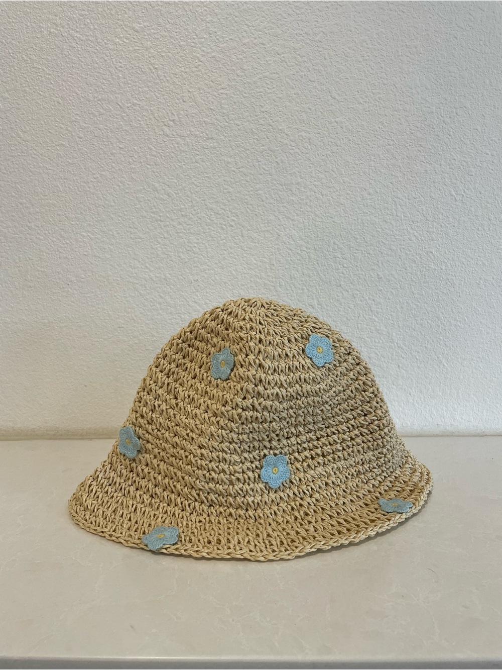 Straw Crochet Bucket Hat with Blue Daisy Appliqués